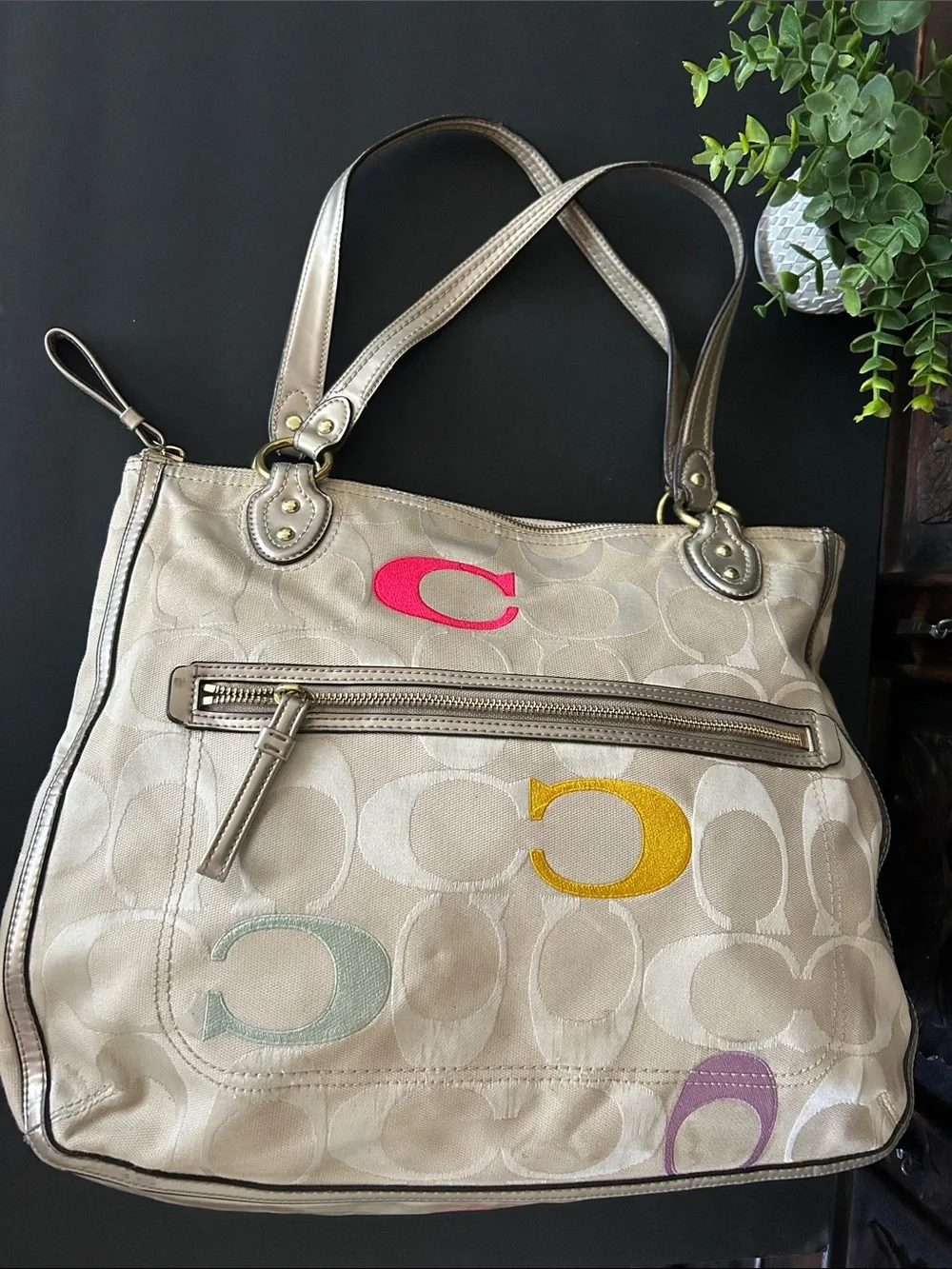 Coach Beige Signature Shoulder Tote with Multicolor 'C' Accents